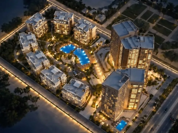 Aerial rendering of ORB residential buildings, pools and landmark tower at dusk on the Gamal Abdel Nasser Axis