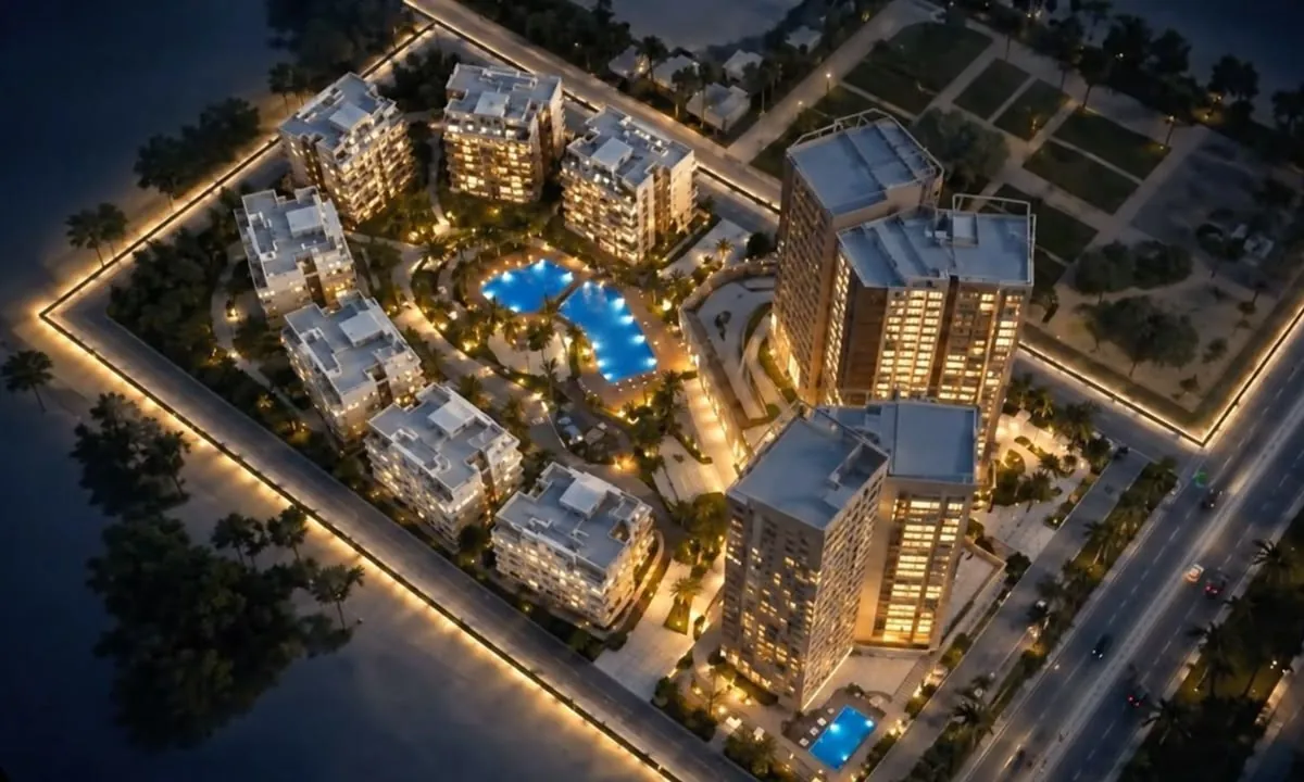 ORB 6th of October aerial view at dusk Aerial rendering of ORB residential buildings, pools and landmark tower at dusk on the Gamal Abdel Nasser Axis