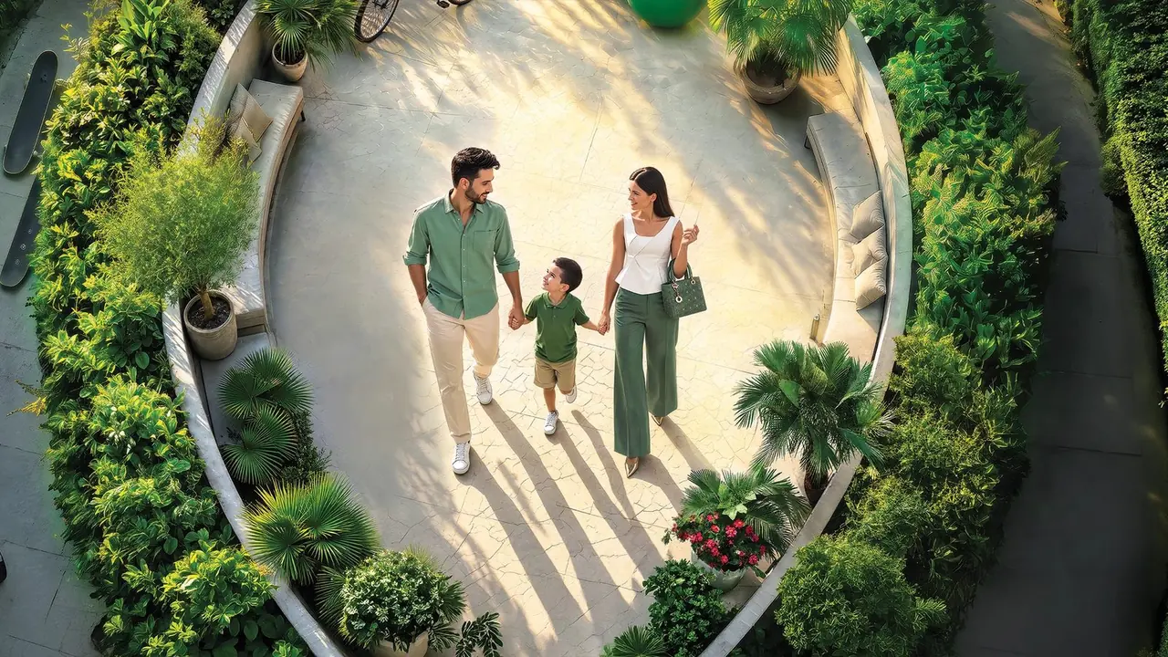 ORB 6th of October landscaped gardens Family walking through the landscaped gardens of ORB by Nations of Sky