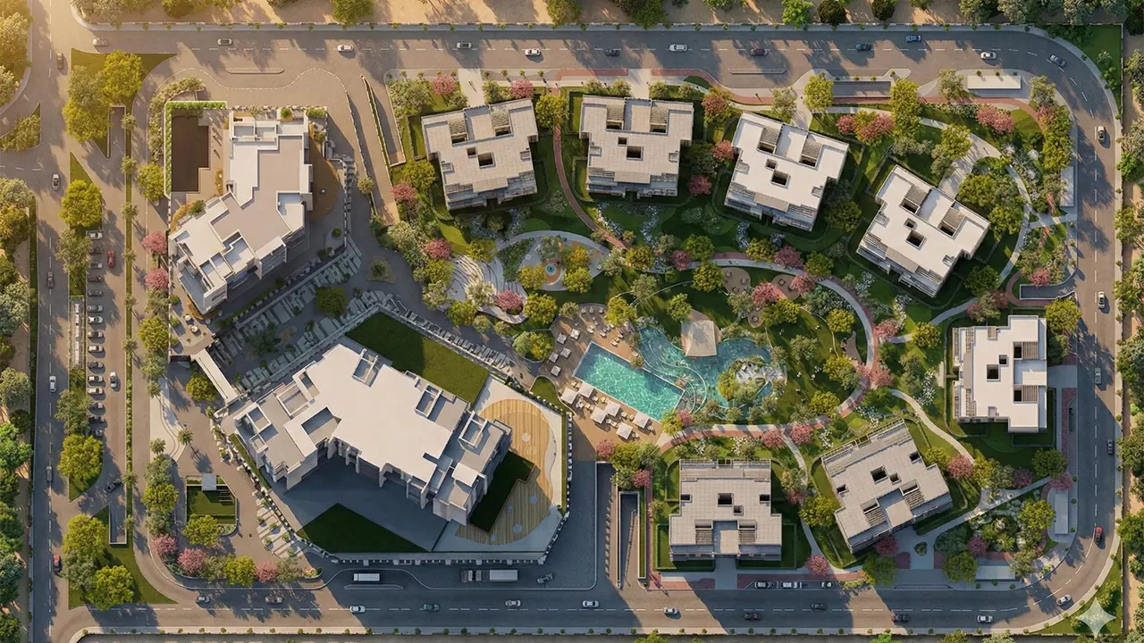 ORB 6th of October master plan Aerial master plan of ORB showing residential buildings, towers, pools and green areas