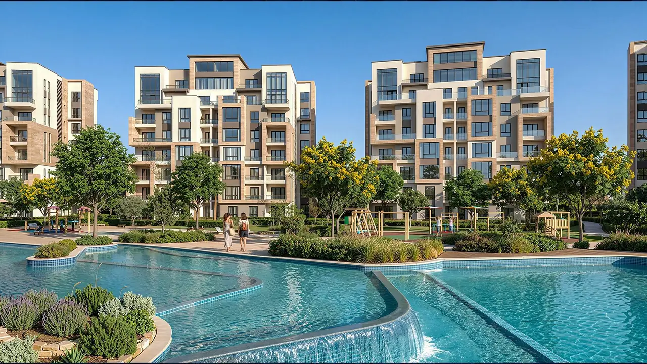 ORB 6th of October residential buildings and pool Rendering of ORB mid-rise residential buildings overlooking a large swimming pool and gardens