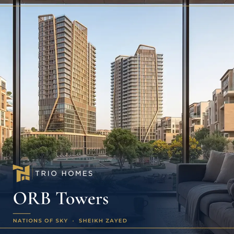 Living room in ORB Towers Sheikh Zayed with a window view of the two towers and gardens