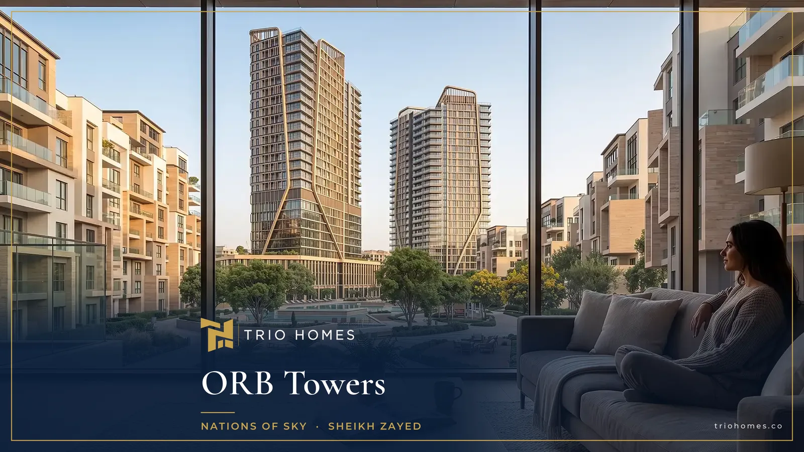Living room in ORB Towers Sheikh Zayed with a window view of the two towers and gardens Living room in ORB Towers Sheikh Zayed with a window view of the two towers and gardens