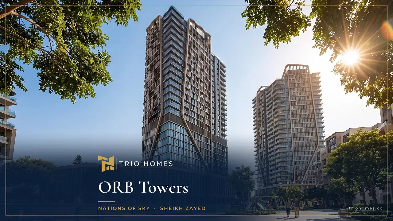 Rendering of the two landmark towers of ORB Towers Sheikh Zayed rising above a tree-lined plaza ORB Towers Sheikh Zayed