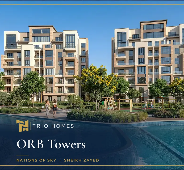 Rendering of mid-rise residential buildings around a large pool at ORB Towers Sheikh Zayed
