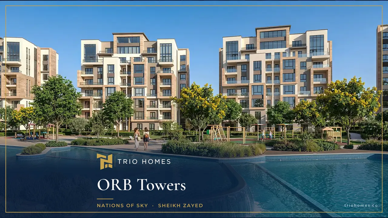 Rendering of mid-rise residential buildings around a large pool at ORB Towers Sheikh Zayed Rendering of mid-rise residential buildings around a large pool at ORB Towers Sheikh Zayed