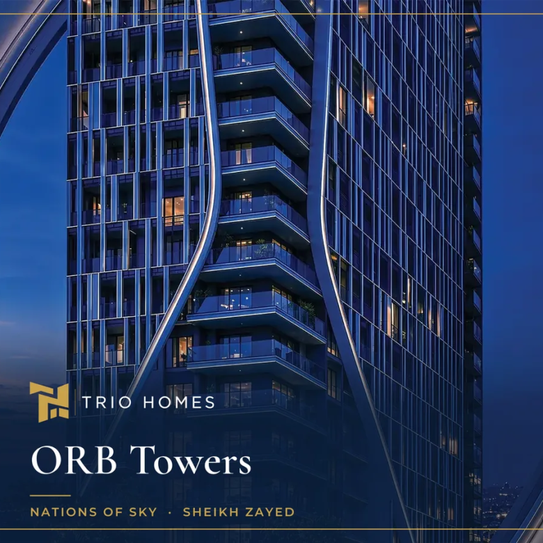 ORB Towers Sheikh Zayed tower lit at dusk, framed by the project's circular design