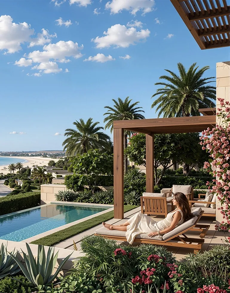 Rendering of a shaded garden terrace with a pool and sea view at Perla, North Coast