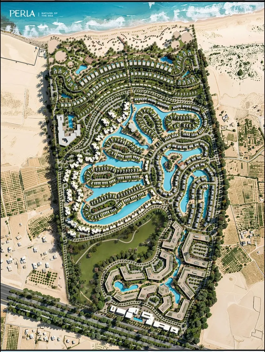 Master plan of Perla by Nations of Sky on the North Coast showing the layout of villas, lagoons and green areas