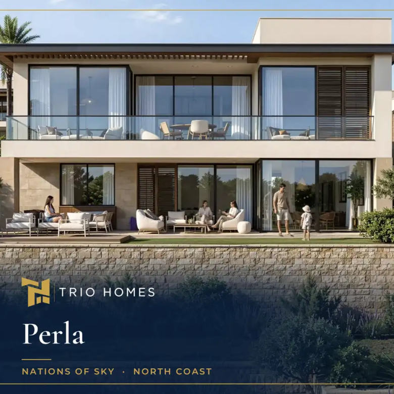 Rendering of terraced villas with glass facades and landscaped gardens at Perla by Nations of Sky, North Coast