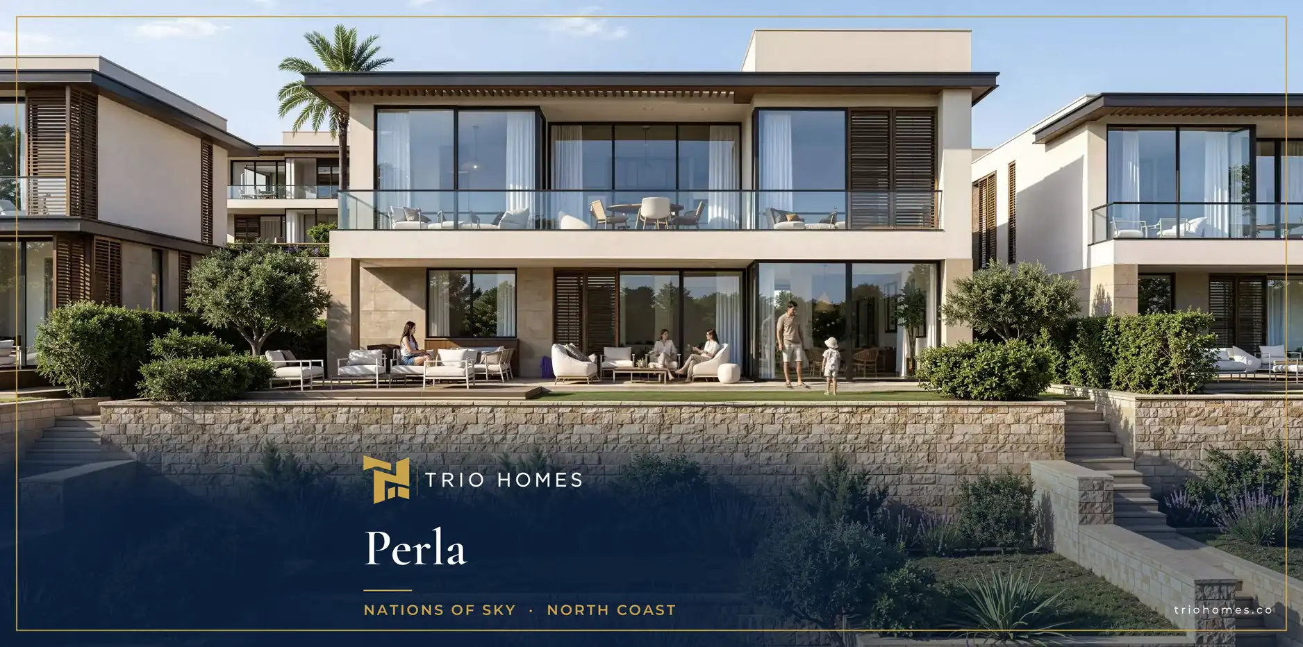 Rendering of terraced villas with glass facades and landscaped gardens at Perla by Nations of Sky, North Coast