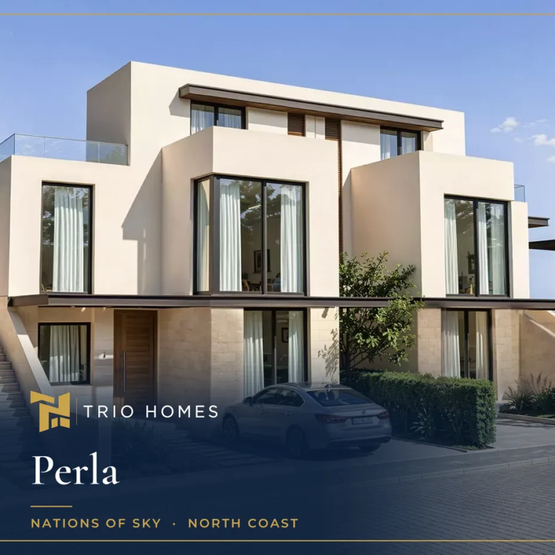 Rendering of twin villas with outdoor stairs on a residential street at Perla by Nations of Sky, North Coast