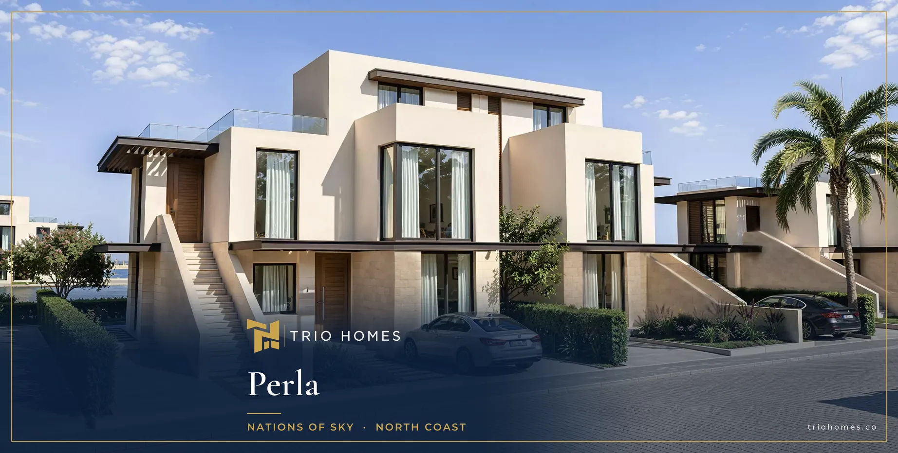 Rendering of twin villas with outdoor stairs on a residential street at Perla by Nations of Sky, North Coast