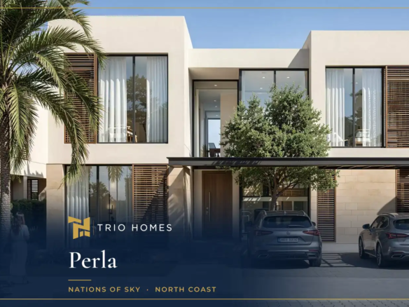 Rendering of a modern beige villa with palm trees and driveway at Perla by Nations of Sky, North Coast