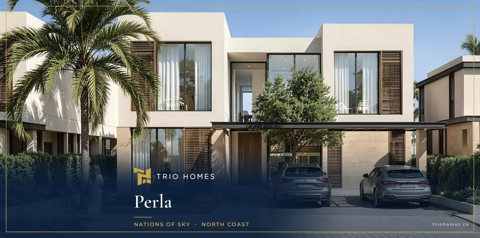 Rendering of a modern beige villa with palm trees and driveway at Perla by Nations of Sky, North Coast