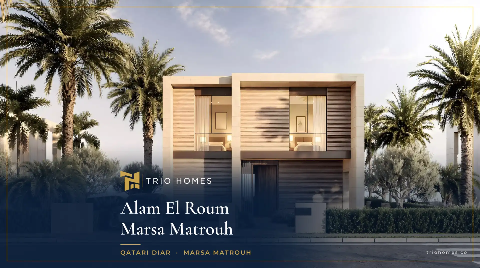 Alam El Roum – Villa Front Front view of a modern two-storey villa with palms at Alam El Roum Marsa Matrouh by Qatari Diar