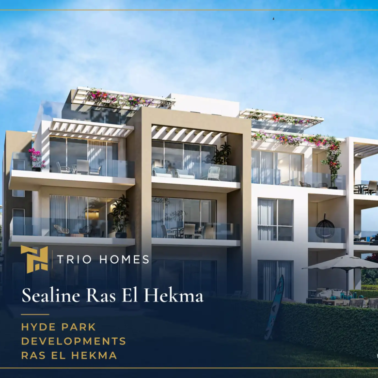 Apartment buildings with terraces and green lawns at Sealine Ras El Hekma by Hyde Park Developments