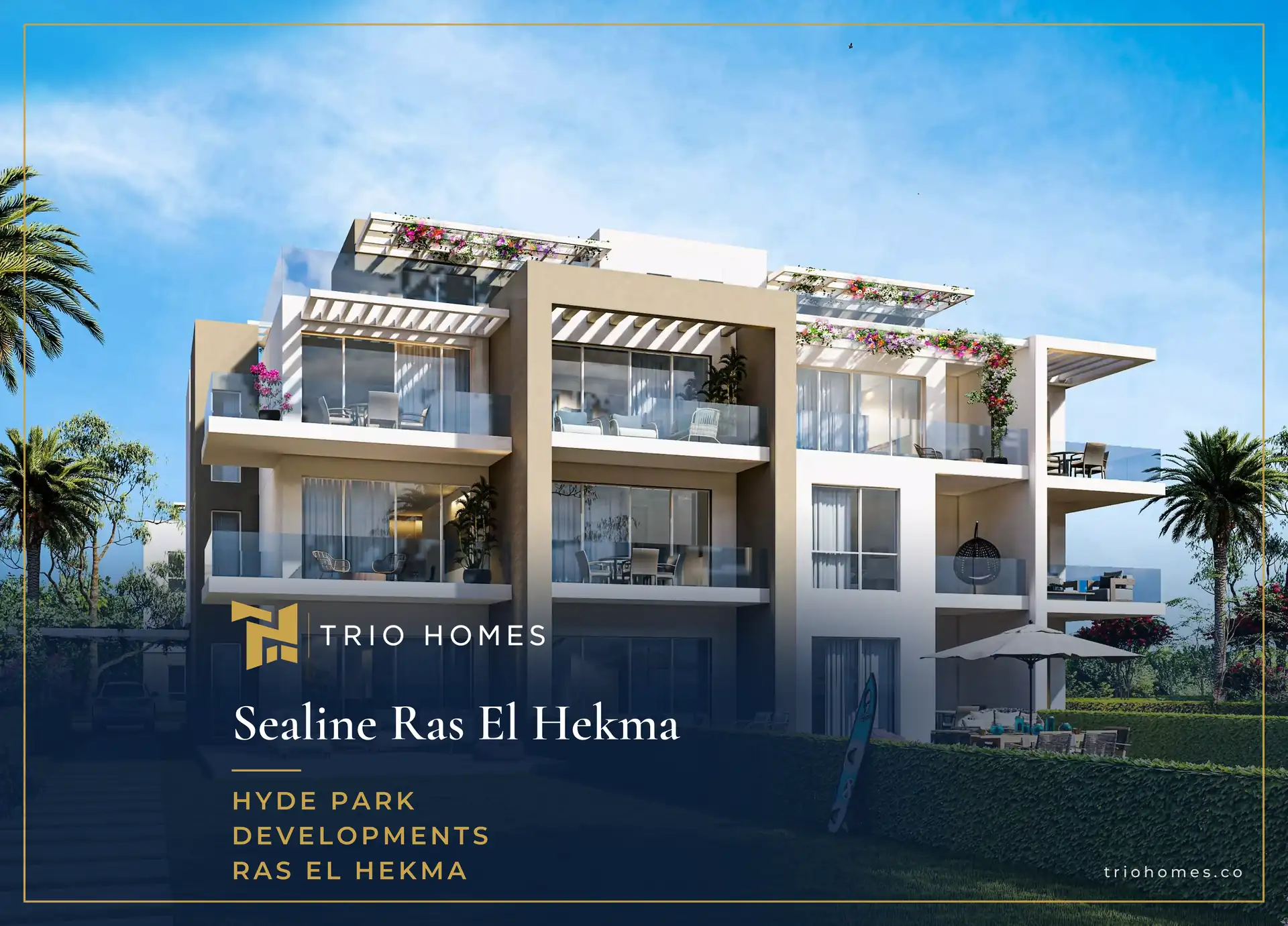 Sealine Ras El Hekma – Apartments & Gardens Apartment buildings with terraces and green lawns at Sealine Ras El Hekma by Hyde Park Developments