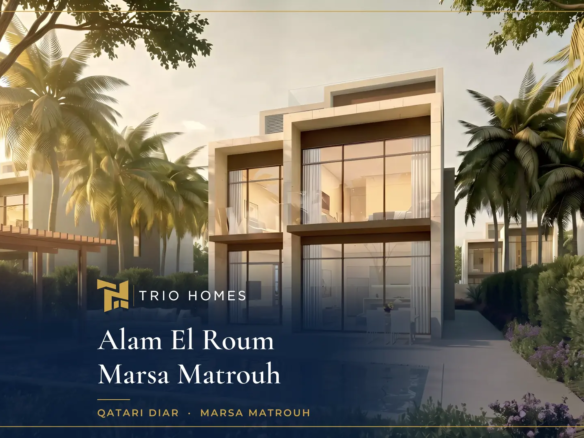 Villa with private pool surrounded by palms in golden sunset light, Alam El Roum Marsa Matrouh