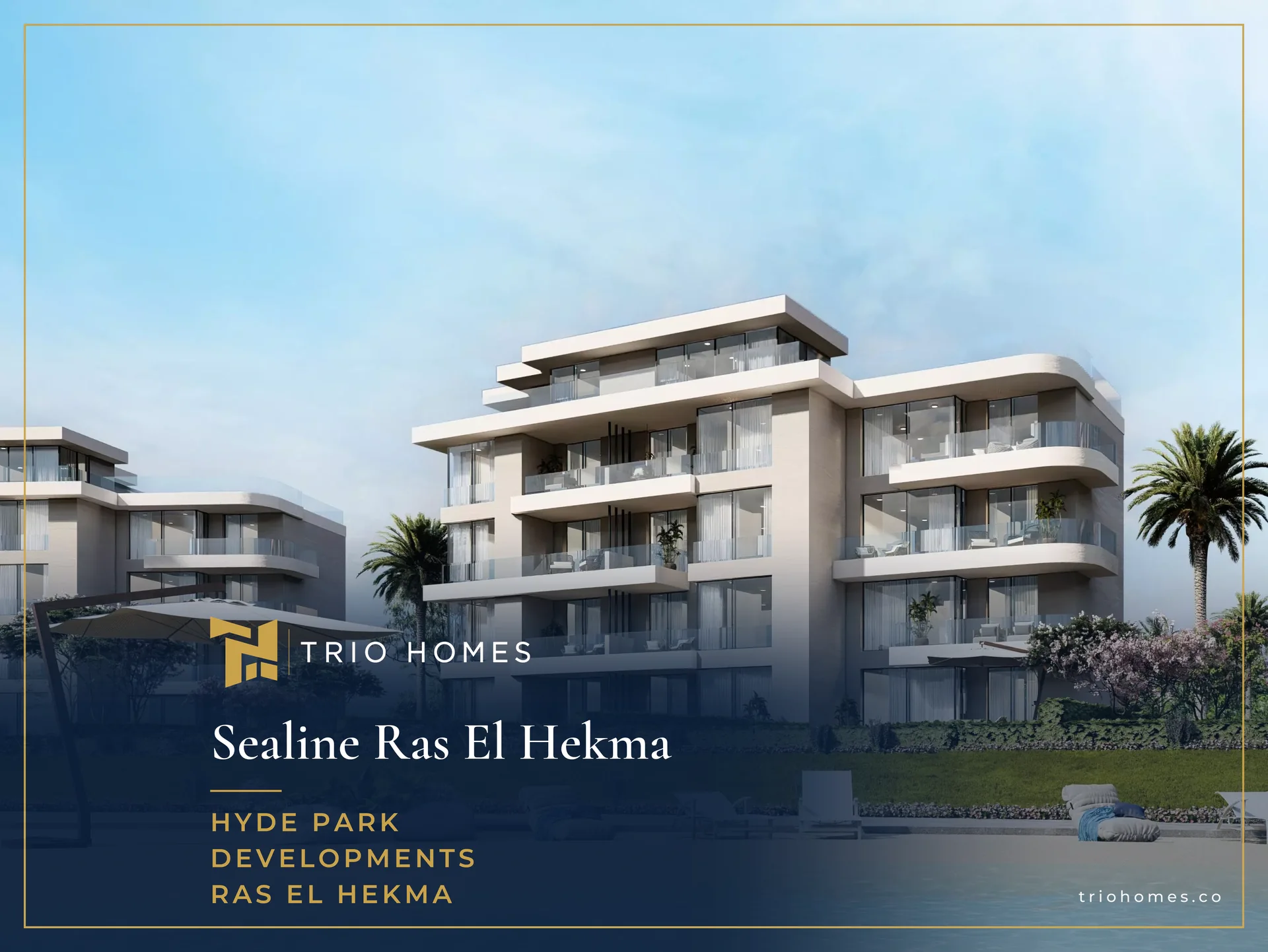 Sealine Ras El Hekma – Lagoon Beach Lagoon beach with sunbeds in front of residential buildings at Sealine Ras El Hekma