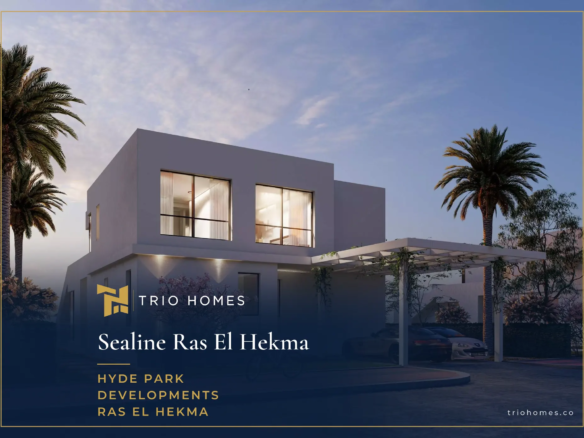 Modern standalone villa with carport and palm trees at dusk, Sealine Ras El Hekma