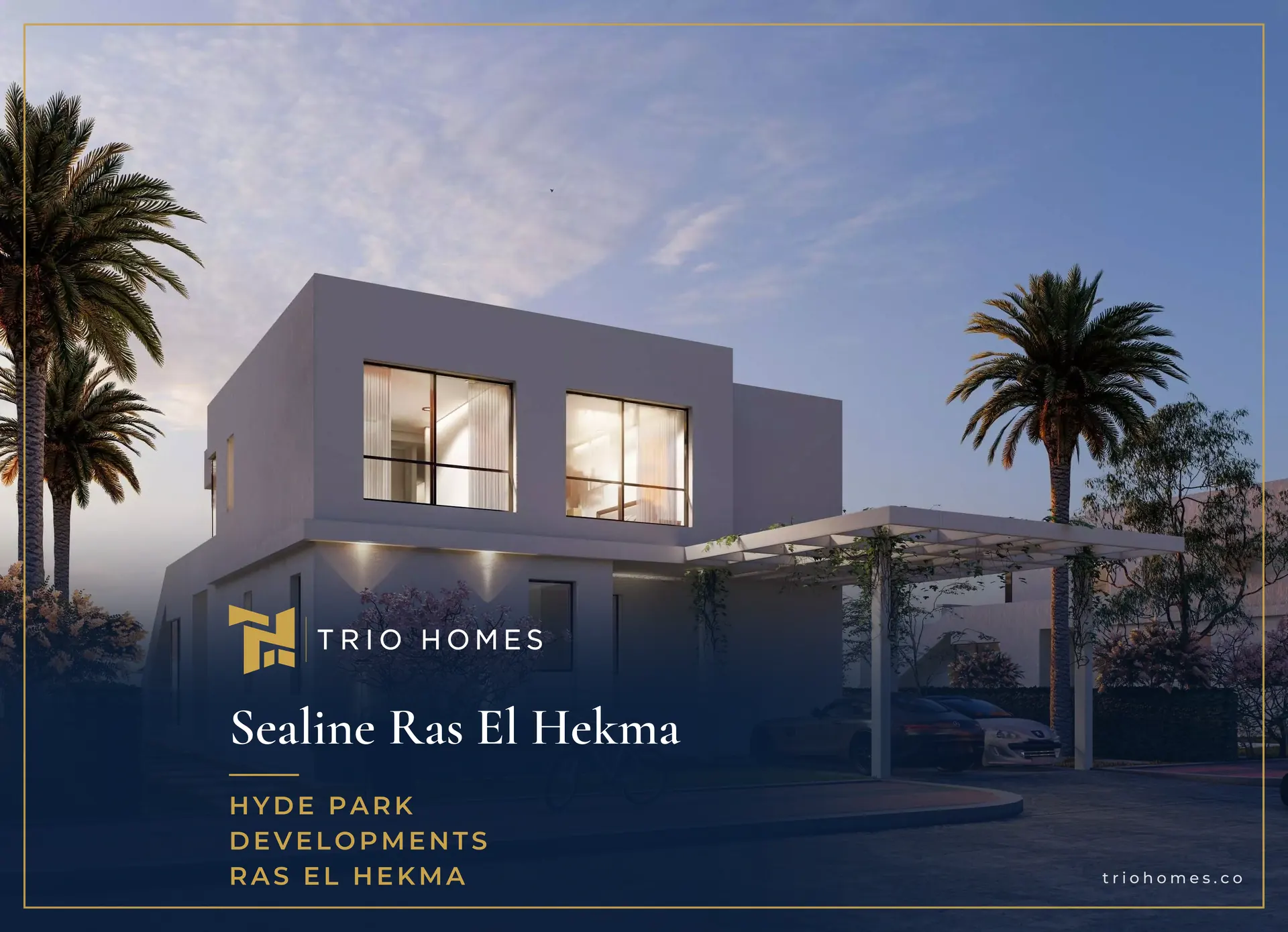 Sealine Ras El Hekma – Villa at Dusk Modern standalone villa with carport and palm trees at dusk, Sealine Ras El Hekma