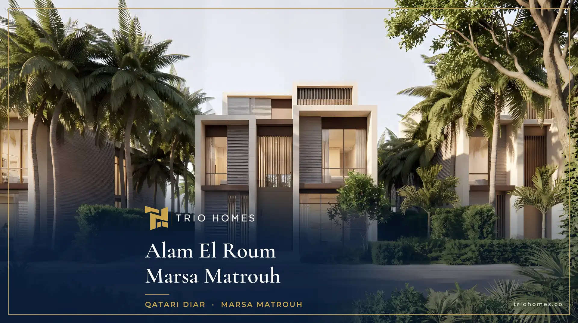 Alam El Roum – Palm-Lined Street Contemporary villas along a palm-lined landscaped street in Alam El Roum, Marsa Matrouh