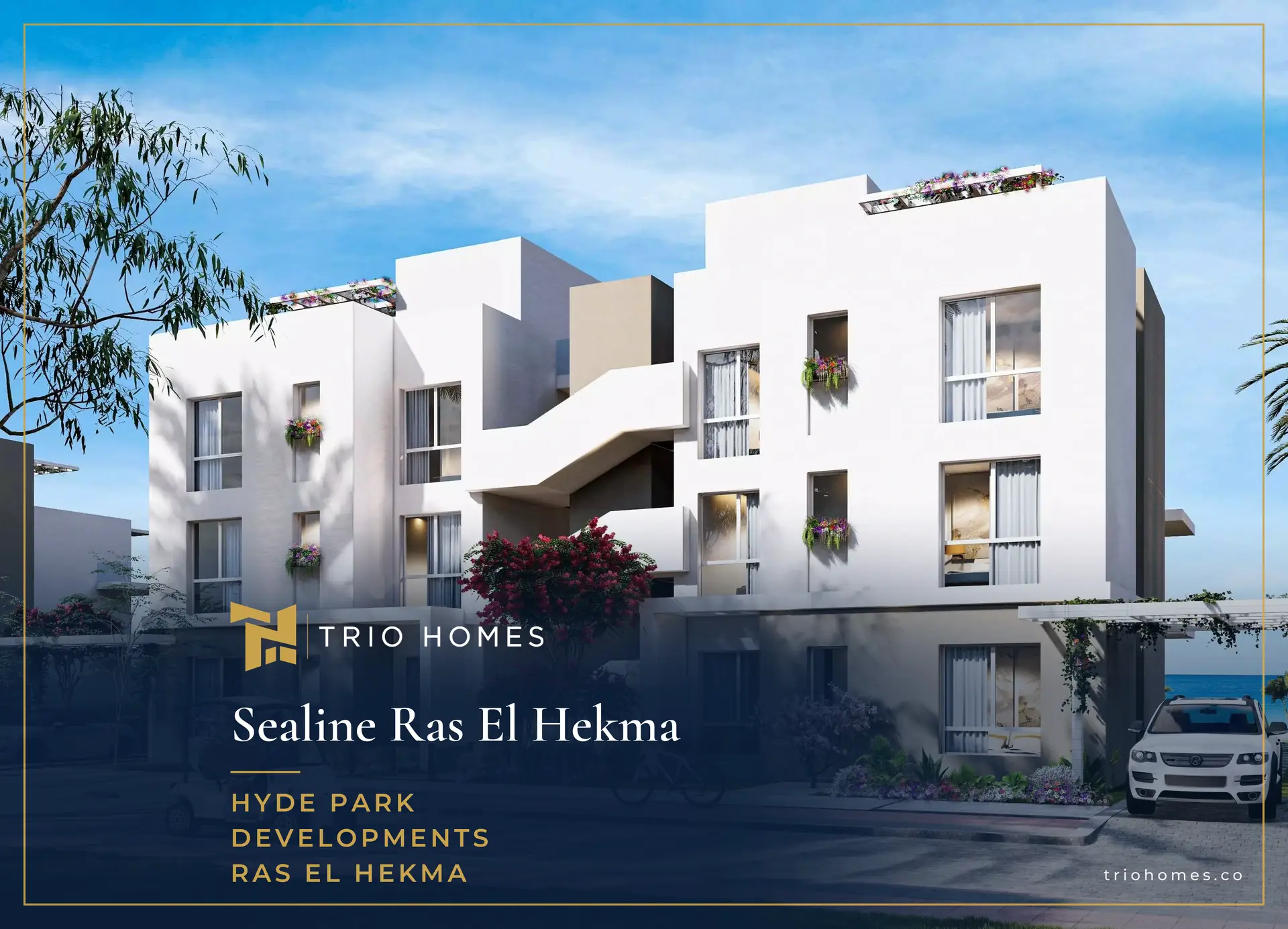 Sealine Ras El Hekma – Residential Street White residential buildings and landscaped street with golf cart in Sealine, Ras El Hekma