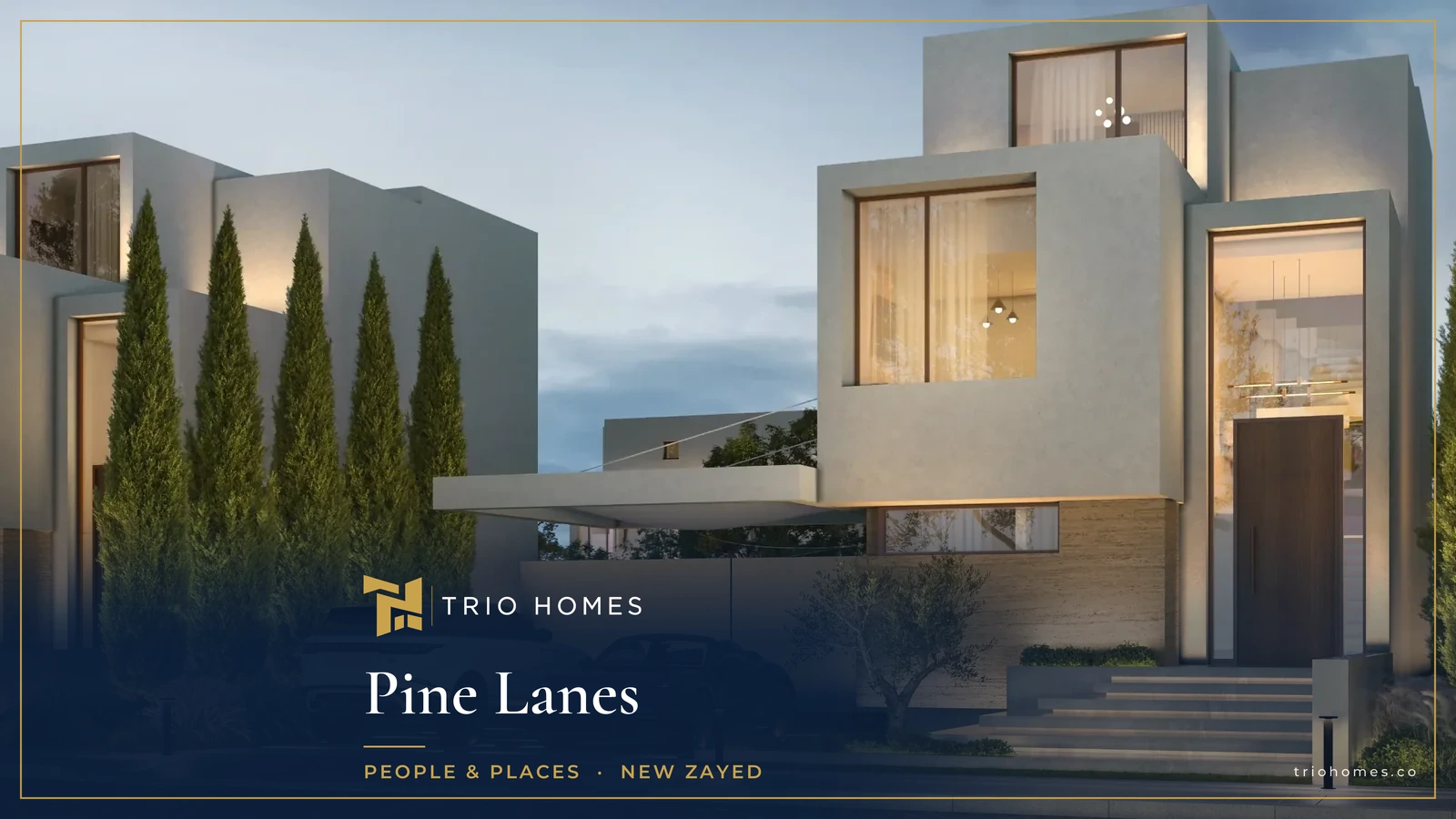 Villa facades with cypress trees at Pine Lanes New Sheikh Zayed