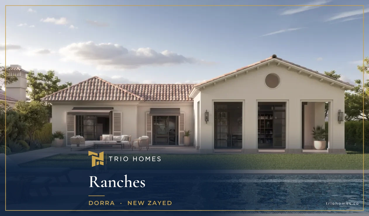 ranches-new-zayed-pool-villa-trio Rendering of a single-storey villa with private pool and garden at Ranches by Dorra, New Zayed