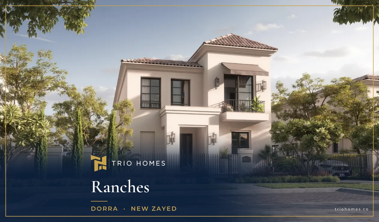 ranches-new-zayed-street-villa-trio Rendering of a two-storey villa on a landscaped street at Ranches by Dorra, New Zayed