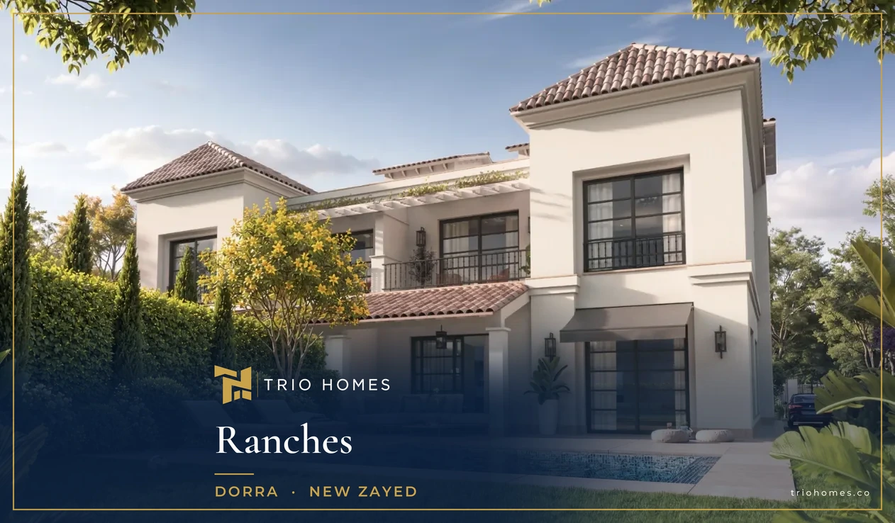 ranches-new-zayed-twin-villa-garden-trio Rendering of a villa garden with pool and sun loungers at Ranches by Dorra, New Zayed