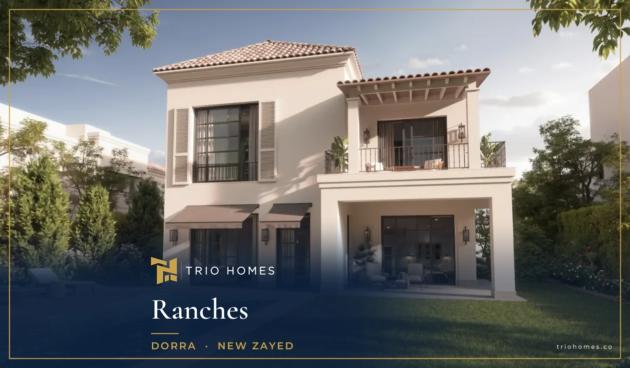 ranches-new-zayed-villa-garden-pool-trio Rendering of a villa rear terrace, lawn and pool at Ranches by Dorra, New Zayed