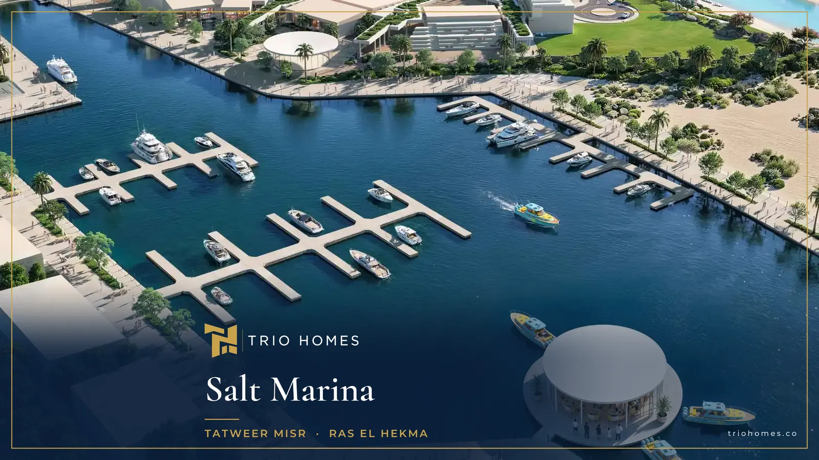 Aerial render of the yacht berths at Salt Marina Ras El Hekma