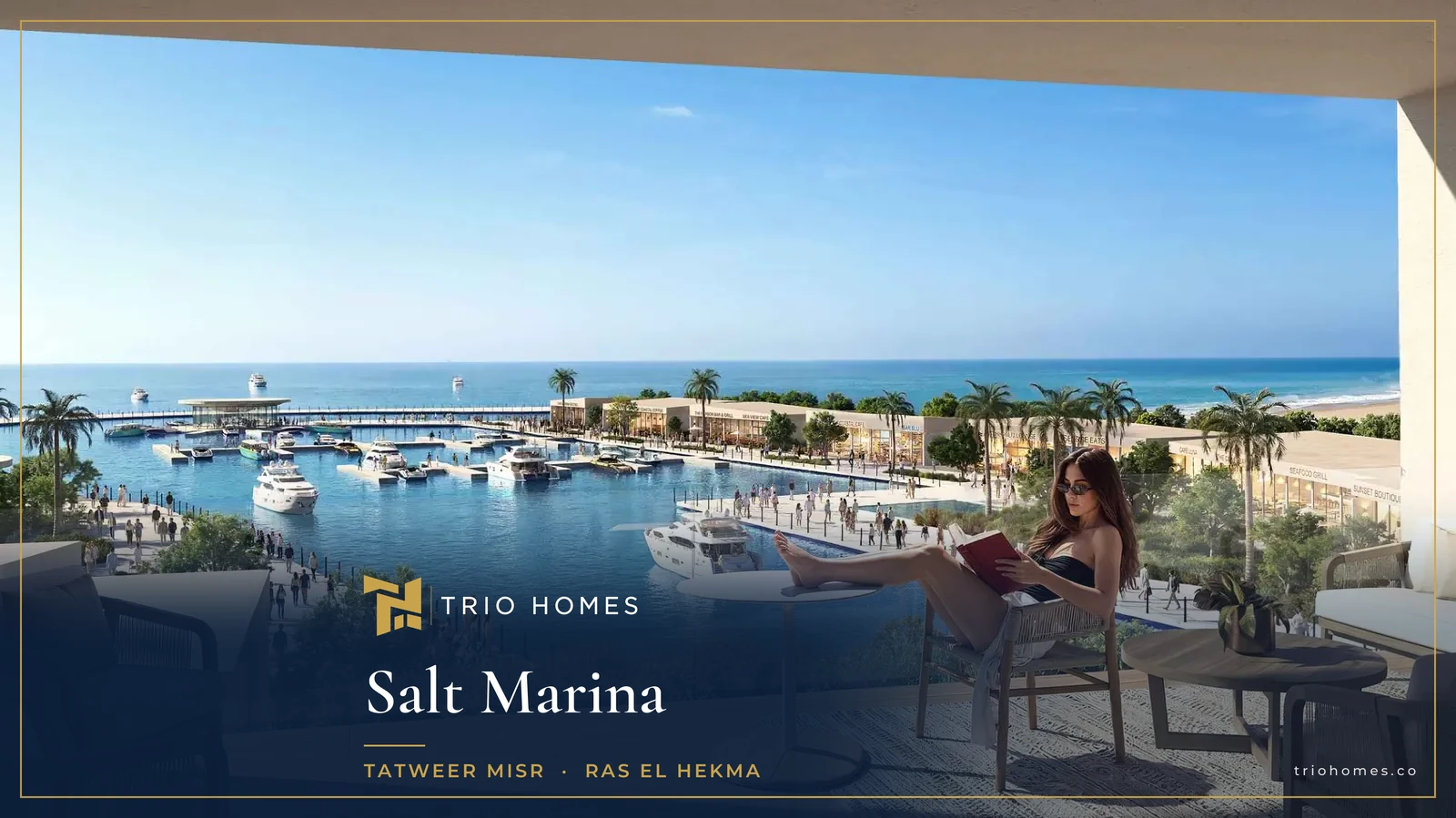 Render of the marina seen from an apartment terrace at Salt Marina Ras El Hekma