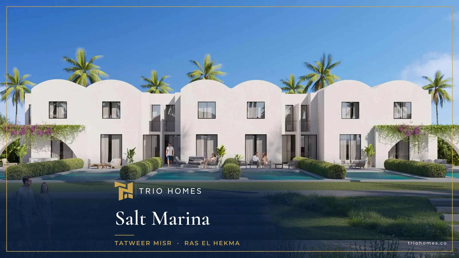 Render of the townhouses facing a pool at Salt Marina Ras El Hekma