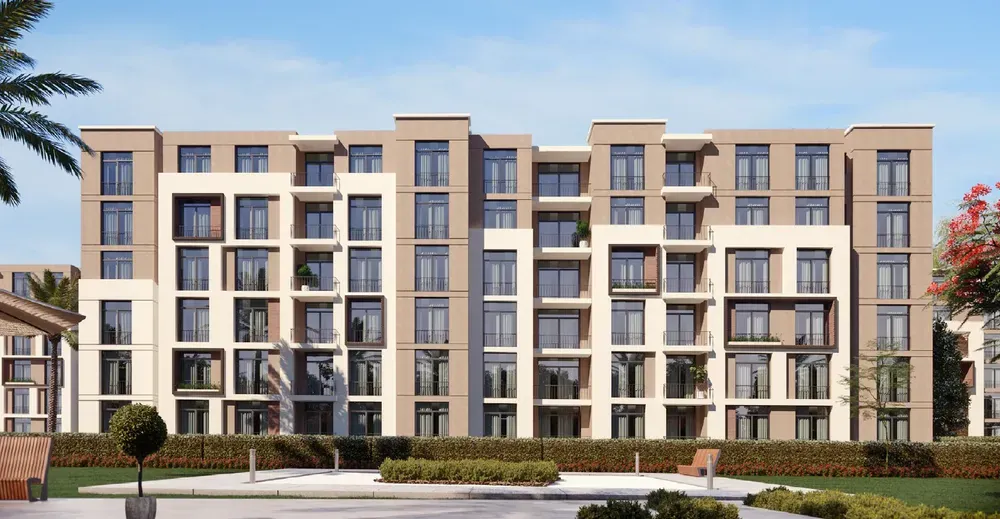 Sarai New Cairo apartment buildings exterior Exterior rendering of mid-rise apartment buildings with balconies and landscaping at Sarai, New Cairo
