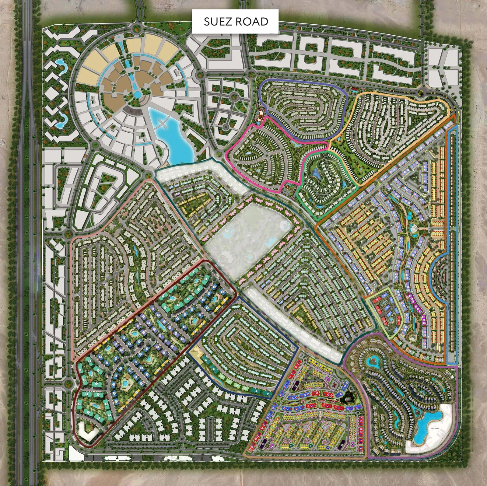 Sarai New Cairo master plan by Madinet Masr Master plan of Sarai by Madinet Masr in New Cairo showing phases, roads and green corridors