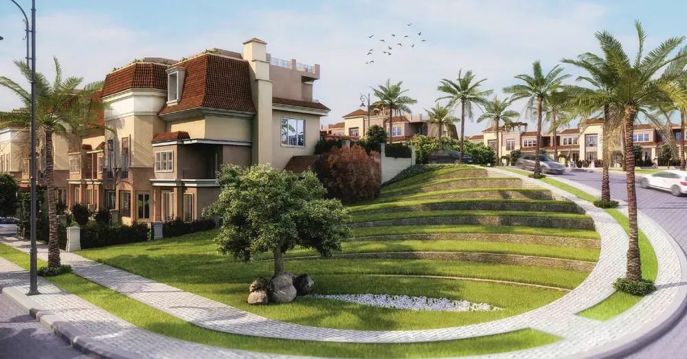 Sarai New Cairo villas and green spaces Rendering of villas with palm trees and open green lawns at Sarai, New Cairo