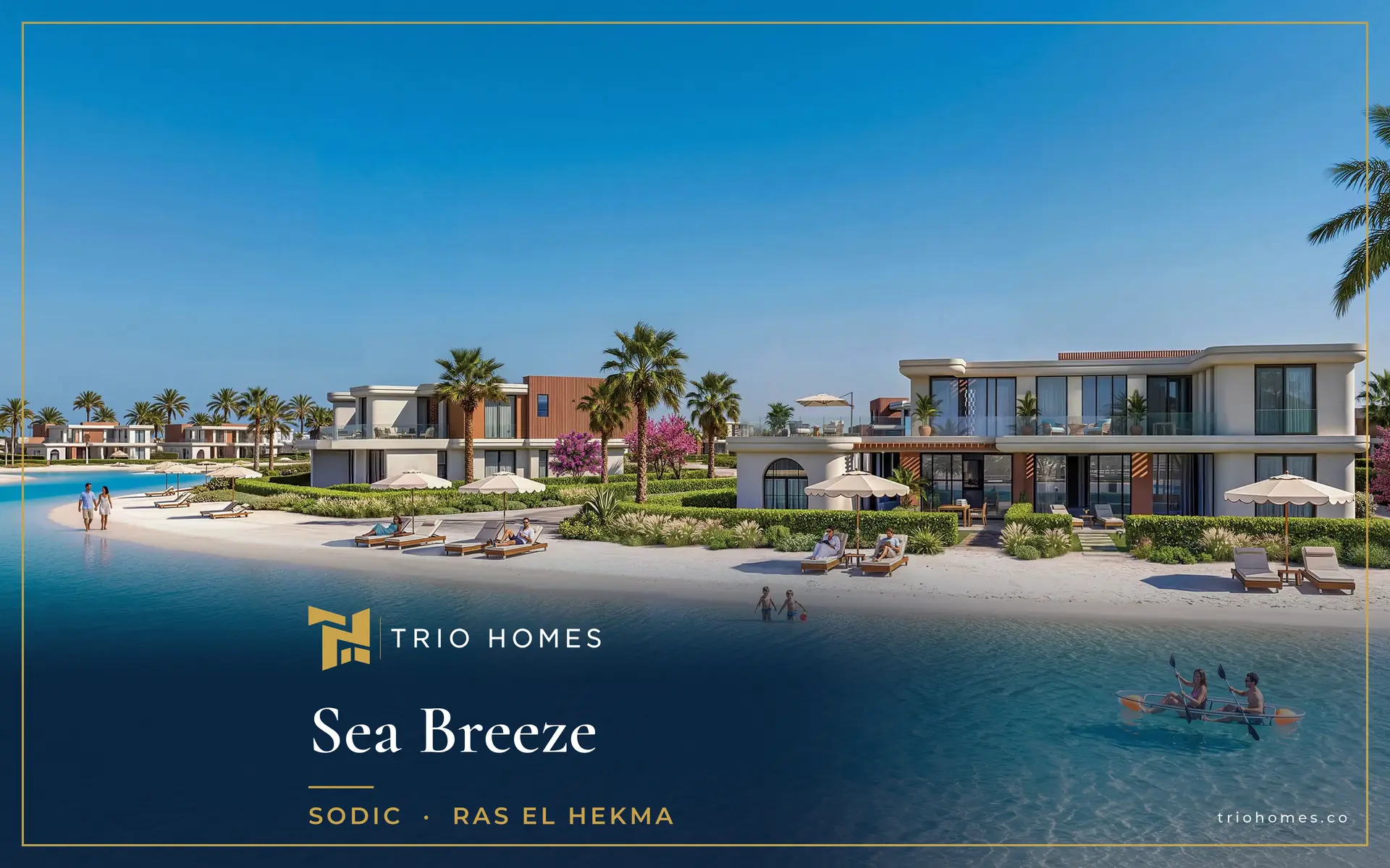Villas facing a turquoise lagoon with a white sandy beach, sunbeds and kayaks at Sea Breeze, Ras El Hekma