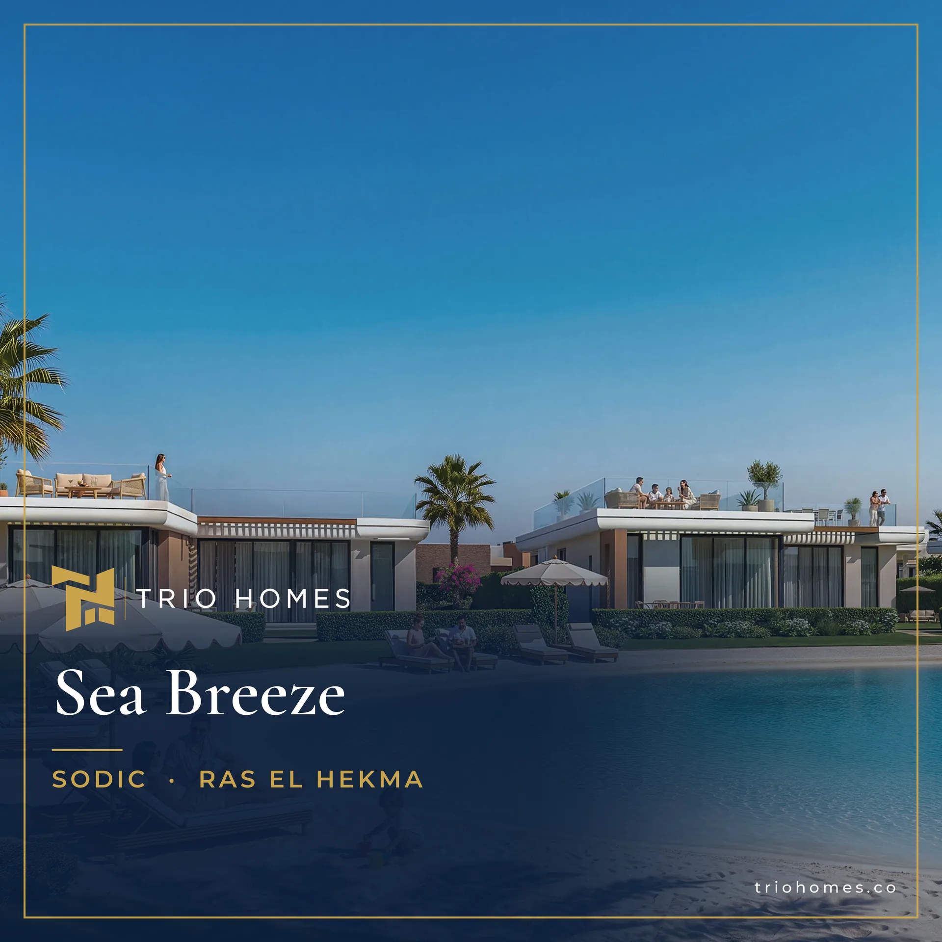 One-storey villas with rooftop terraces beside a sandy lagoon beach at Sea Breeze by SODIC, Ras El Hekma