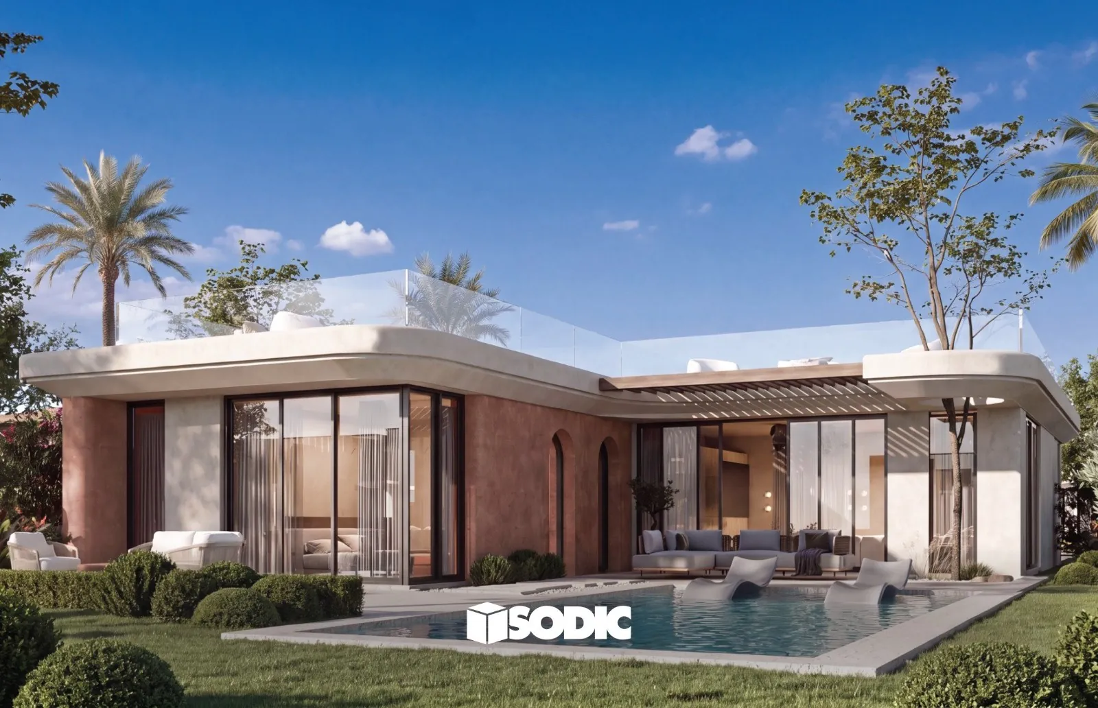 Rendering of a single-storey villa with a private pool and garden at Sea Breeze, Ogami, Ras El Hekma
