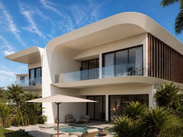 Rendering of a contemporary white coastal home with terraces and a pool at Sea Veil, Azha Ras El Hekma