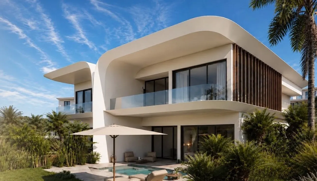 Sea Veil Azha Ras El Hekma chalet rendering Rendering of a contemporary white coastal home with terraces and a pool at Sea Veil, Azha Ras El Hekma