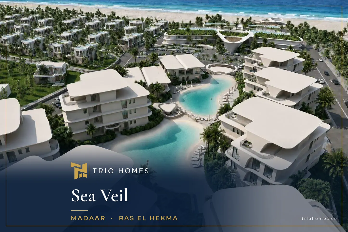 Aerial rendering of white residential buildings around lagoons near the beach at Sea Veil by Madaar, Ras El Hekma