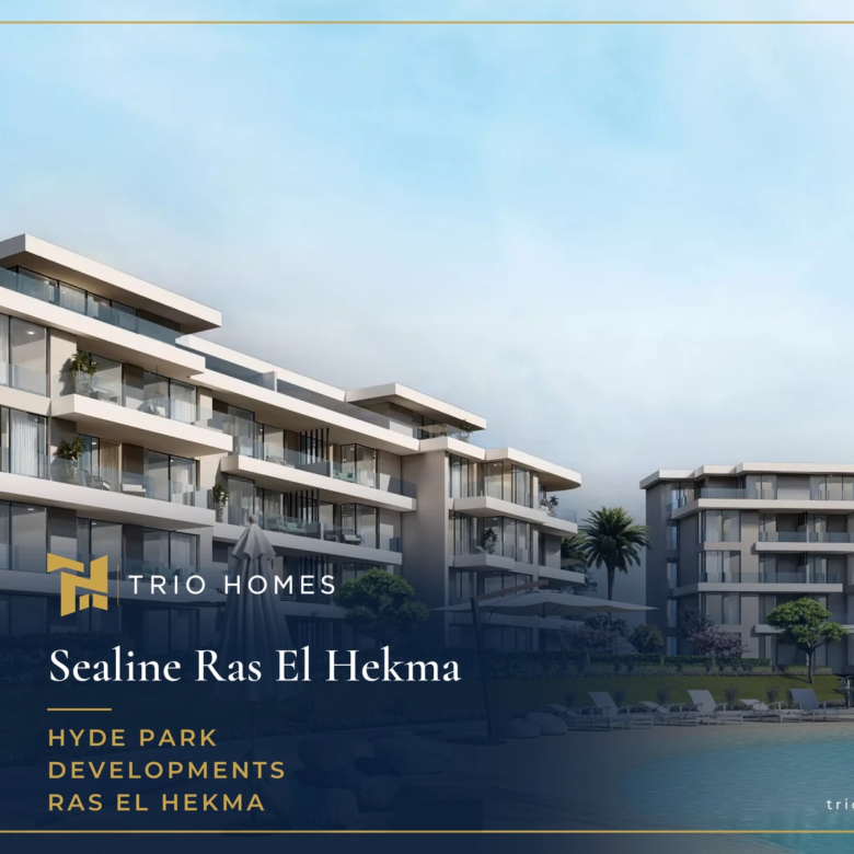 Rendering of low-rise residential buildings beside a lagoon beach at Hyde Park's Seashore community, Ras El Hekma