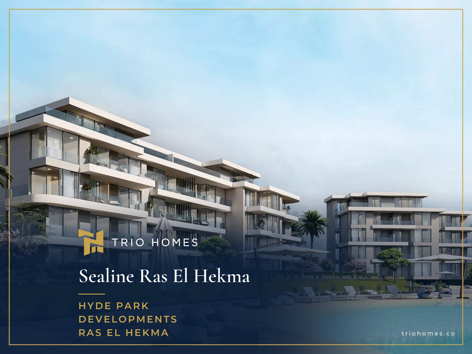 sealine-ras-el-hekma-seashore-buildings-lagoon-trio Rendering of low-rise residential buildings beside a lagoon beach at Hyde Park's Seashore community, Ras El Hekma