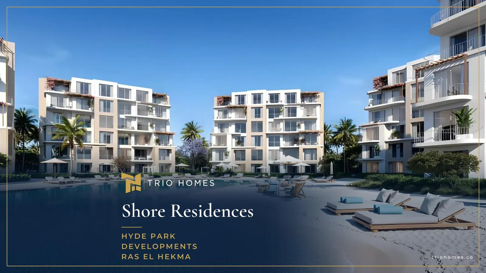 Lagoon beach and residential buildings at Shore Residences Ras El Hekma Lagoon beach and residential buildings at Shore Residences Ras El Hekma