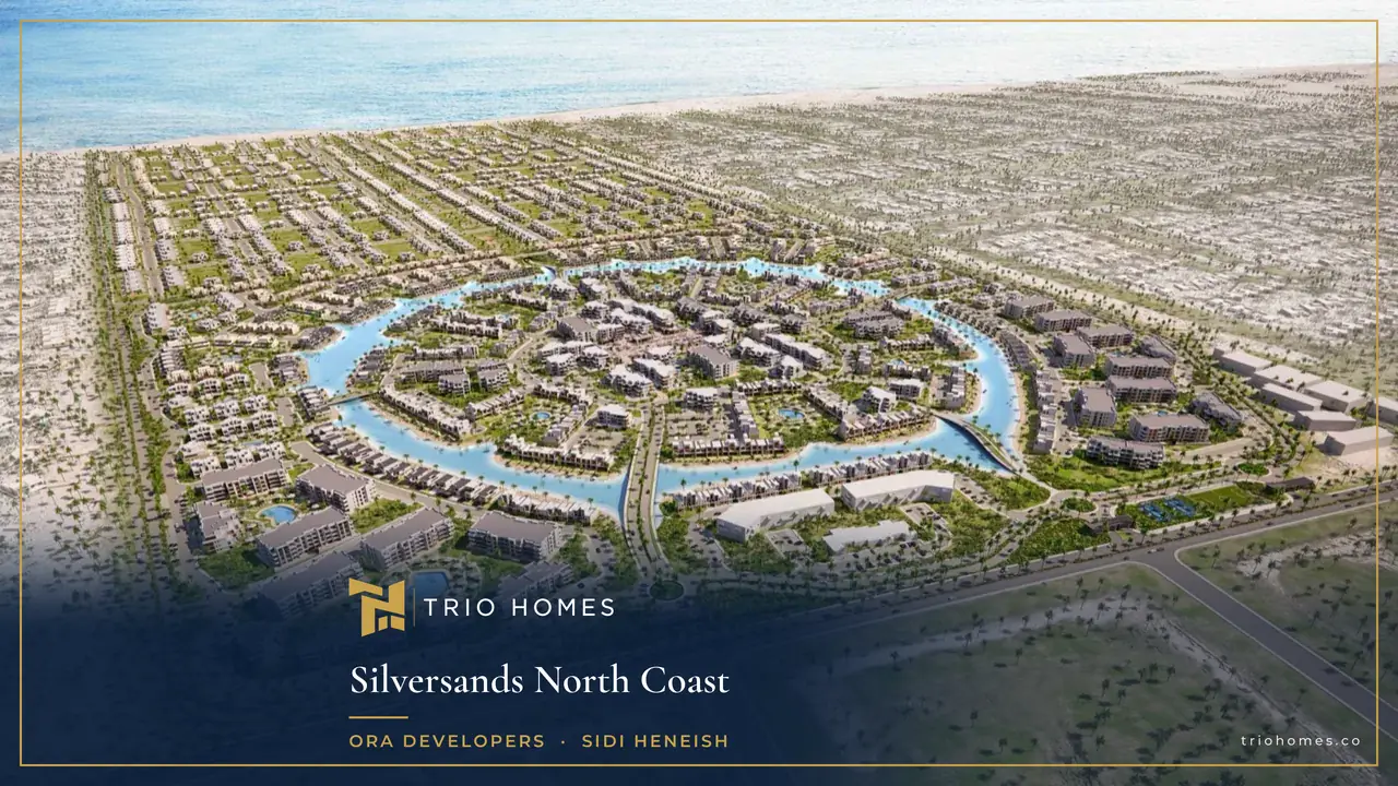 Aerial rendering of Silversands by Ora Developers showing low-rise homes arranged around a circular lagoon