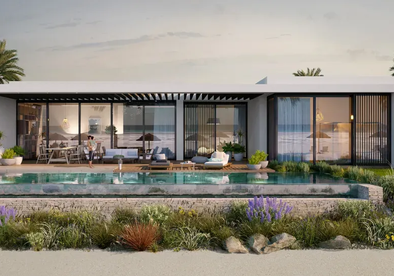 Rendering of a Silversands home with floor-to-ceiling glass opening onto a pool terrace and garden
